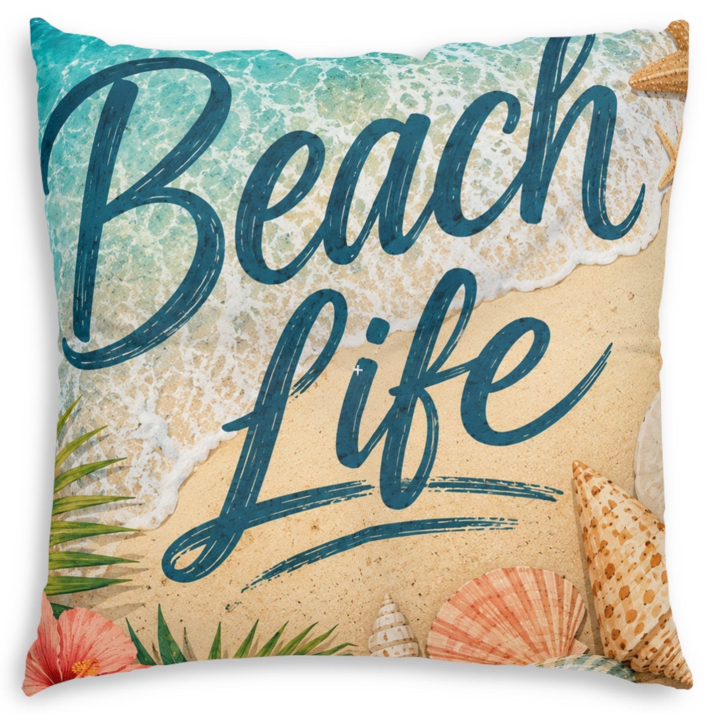 A square throw pillow featuring a beach-themed design with the words 'Beach Life' in dark teal script over a sandy beige background, with turquoise ocean waves, palm leaves, and seashells.