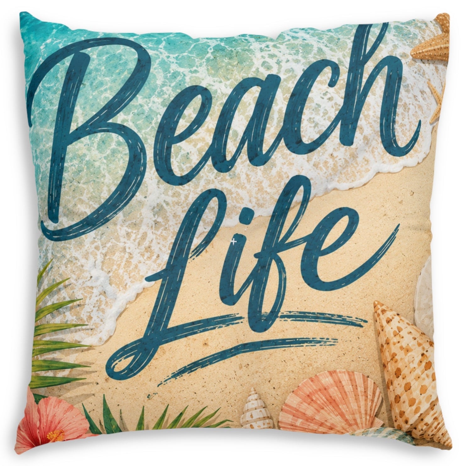 A square throw pillow featuring a beach-themed design with the words 'Beach Life' in dark teal script over a sandy beige background, with turquoise ocean waves, palm leaves, and seashells.
