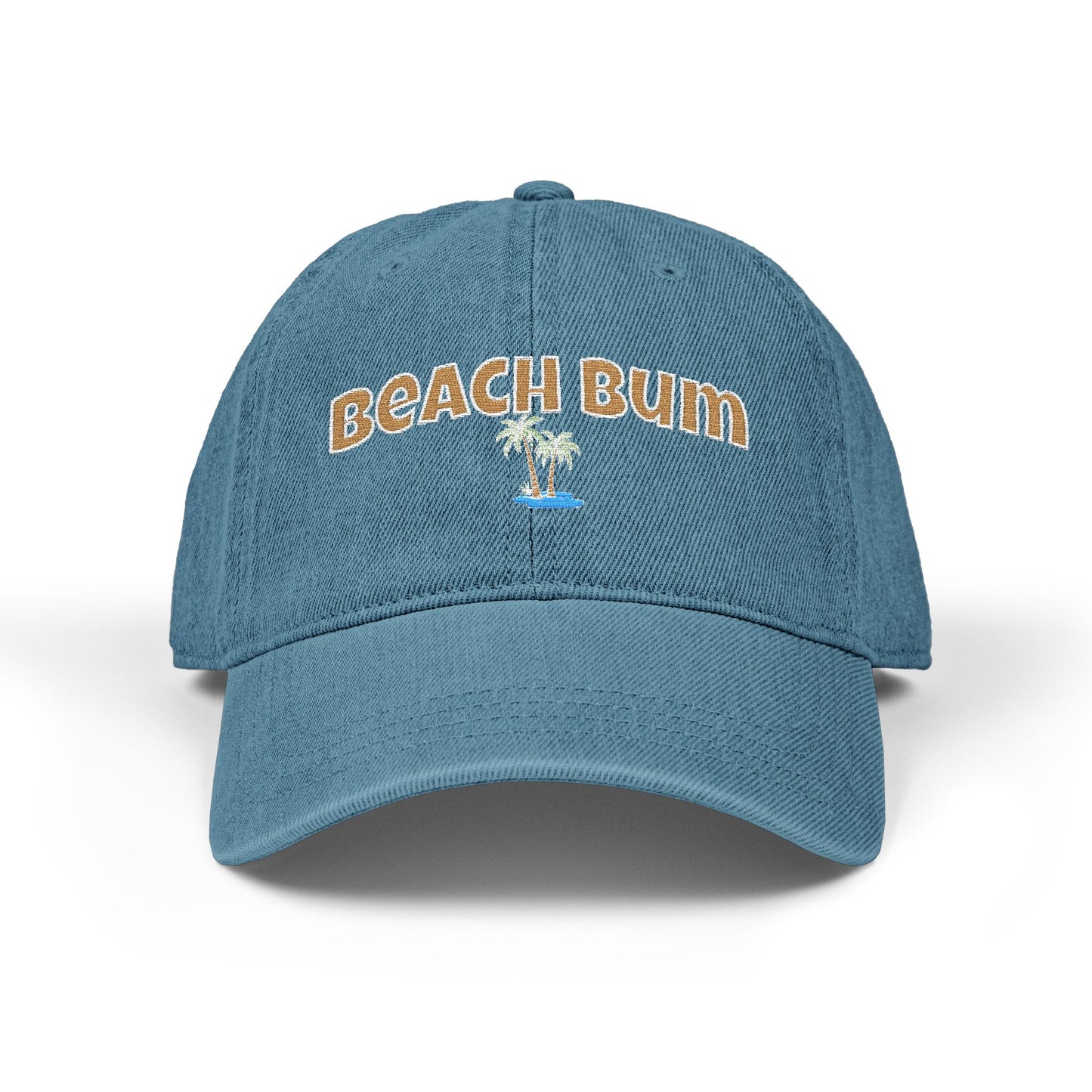 Blue baseball cap with a dog face design on a white background