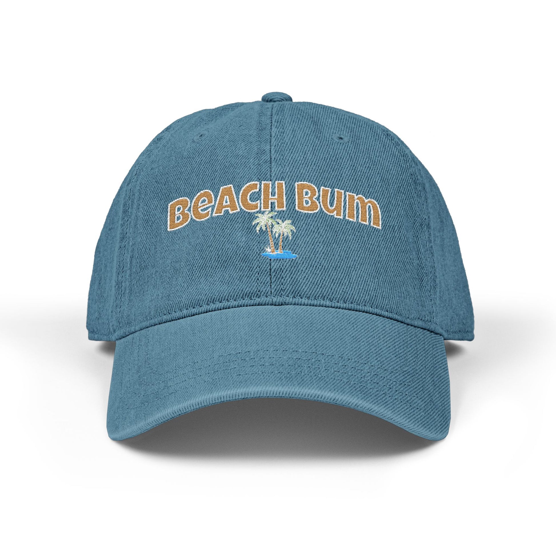 Blue baseball cap with a dog face design on a white background