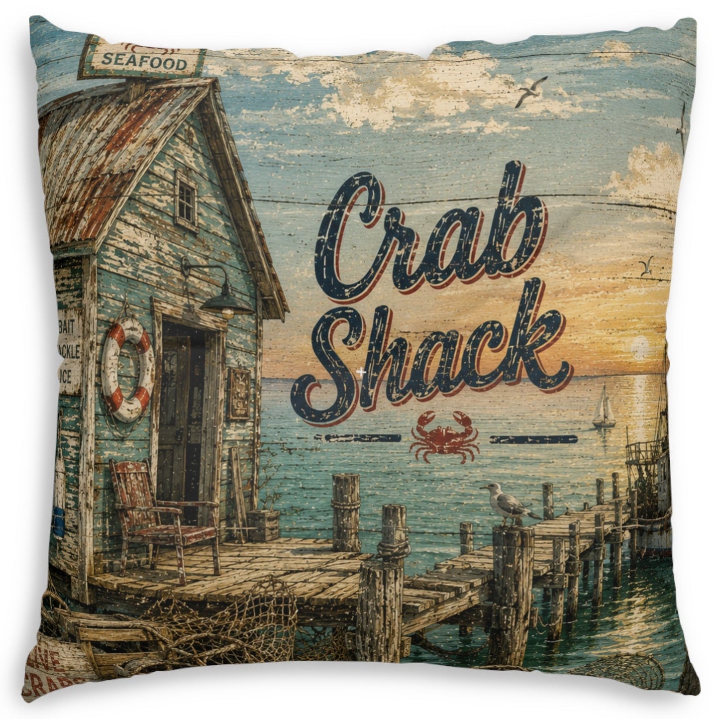 A square throw pillow featuring a vintage-style printed illustration of a crab shack by the ocean, with large 'Crab Shack' lettering on the front.