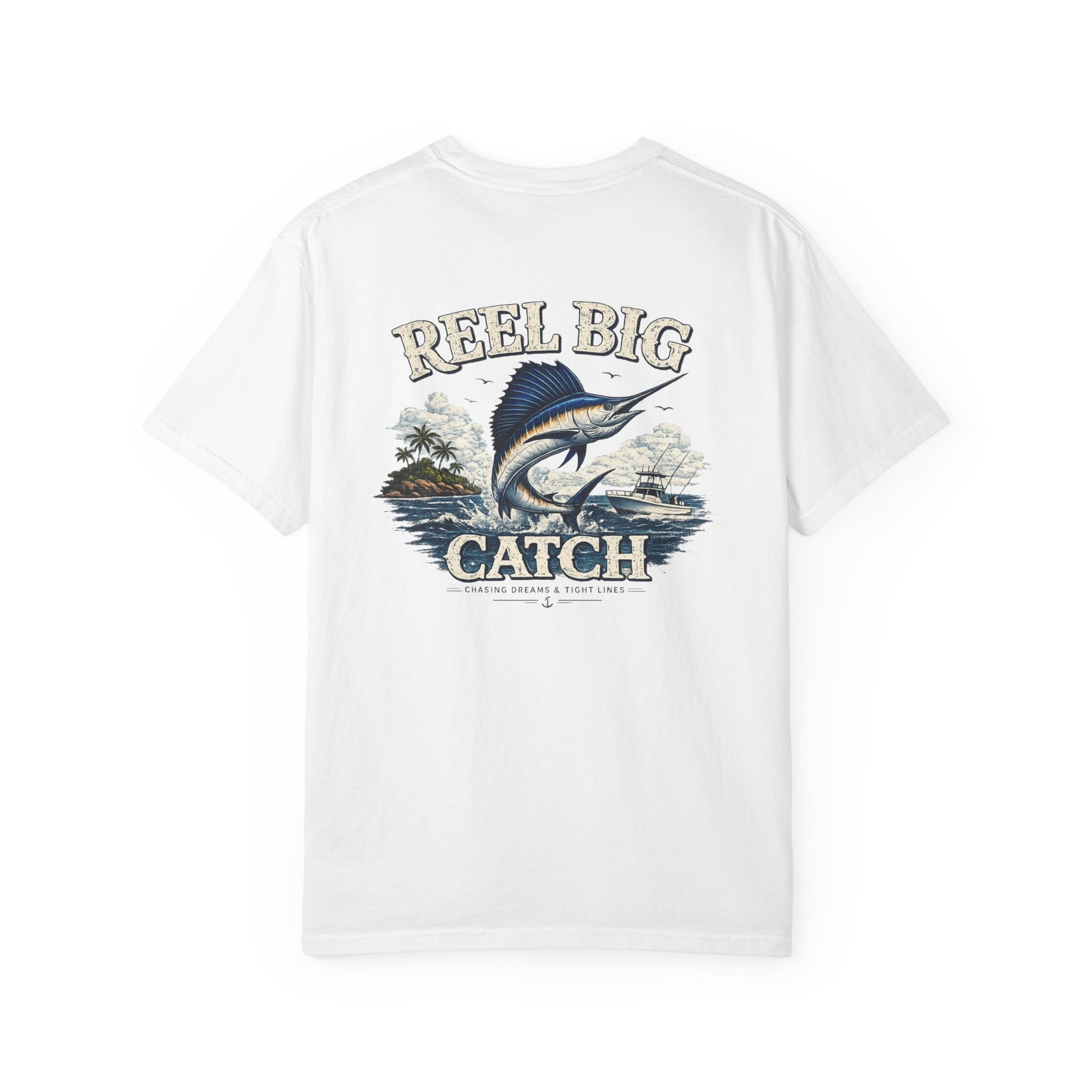 White t-shirt with marlin graphic and 'Reel Big Catch' text on a white background