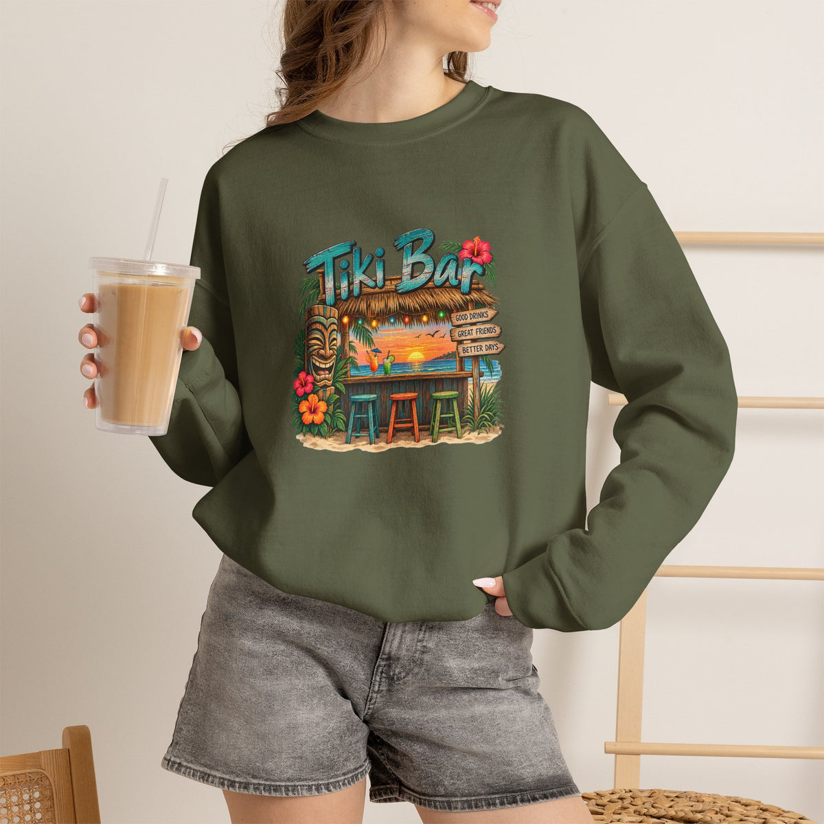 Tiki Bar Crewneck Sweatshirt — Retro Tropical Sunset Design