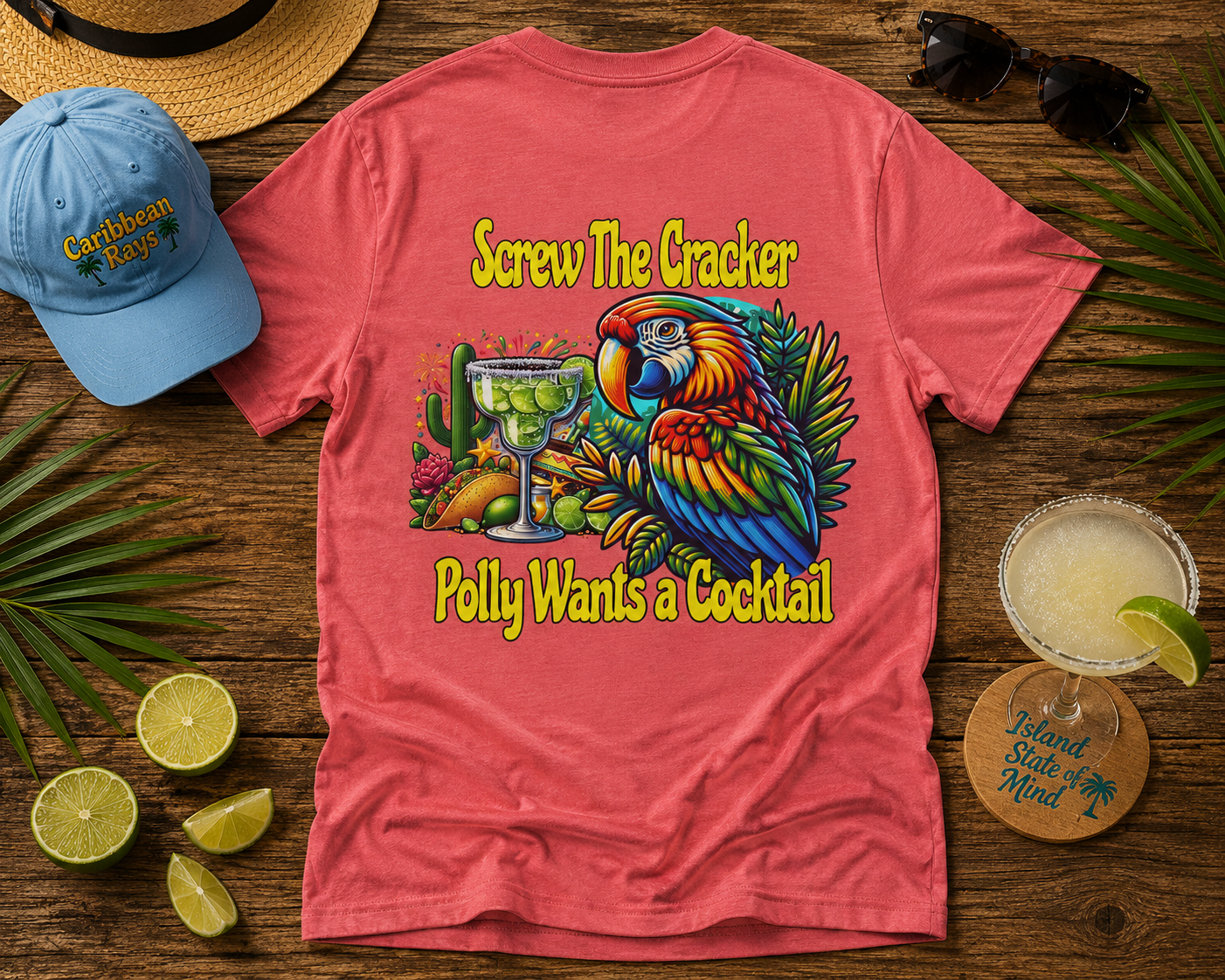 Cocktail Parrot Tee - Fun Retro Style, Unisex  Heavy Cotton T-Shirt,