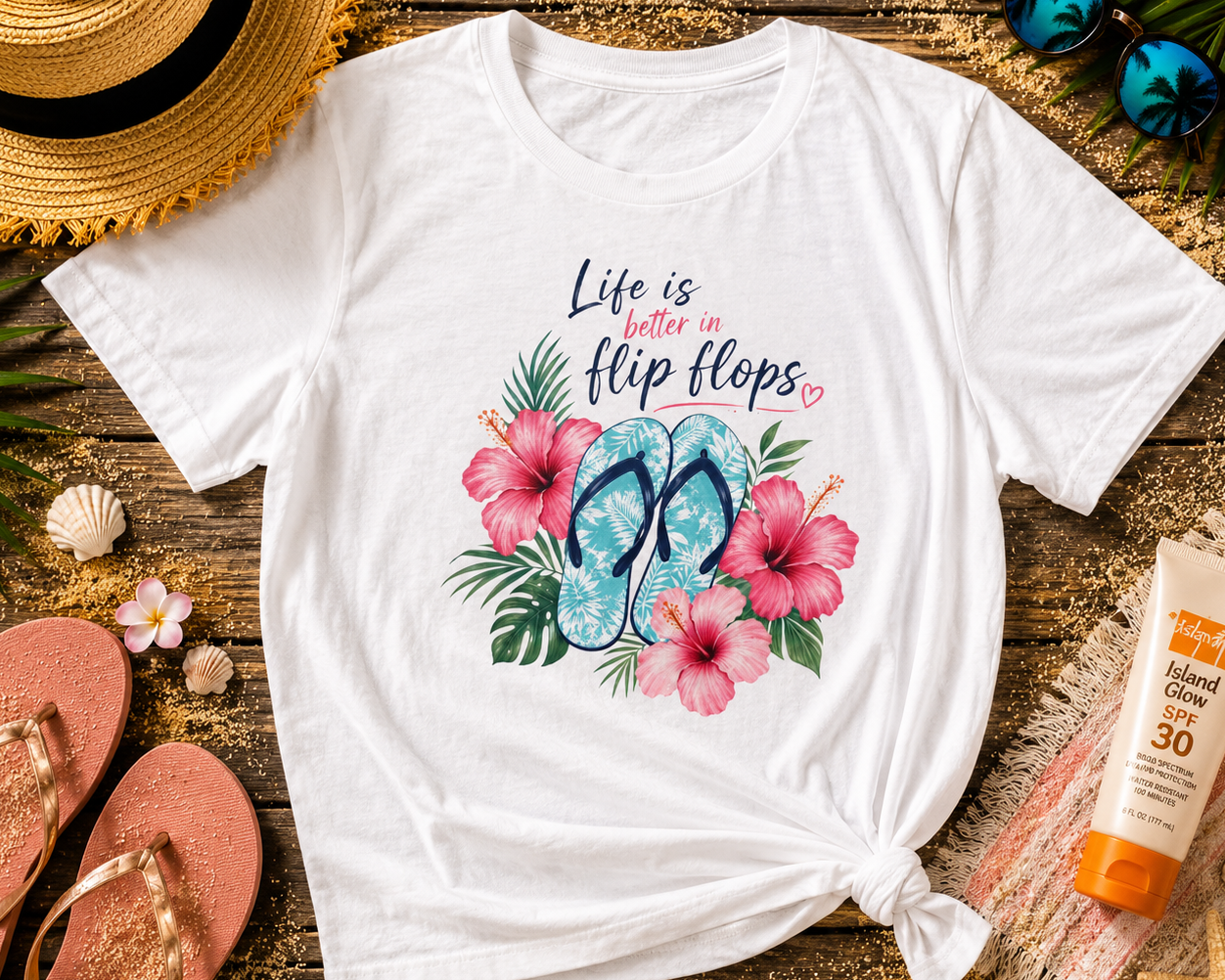 White t-shirt with flip flop design and text on a wooden surface with beach accessories.