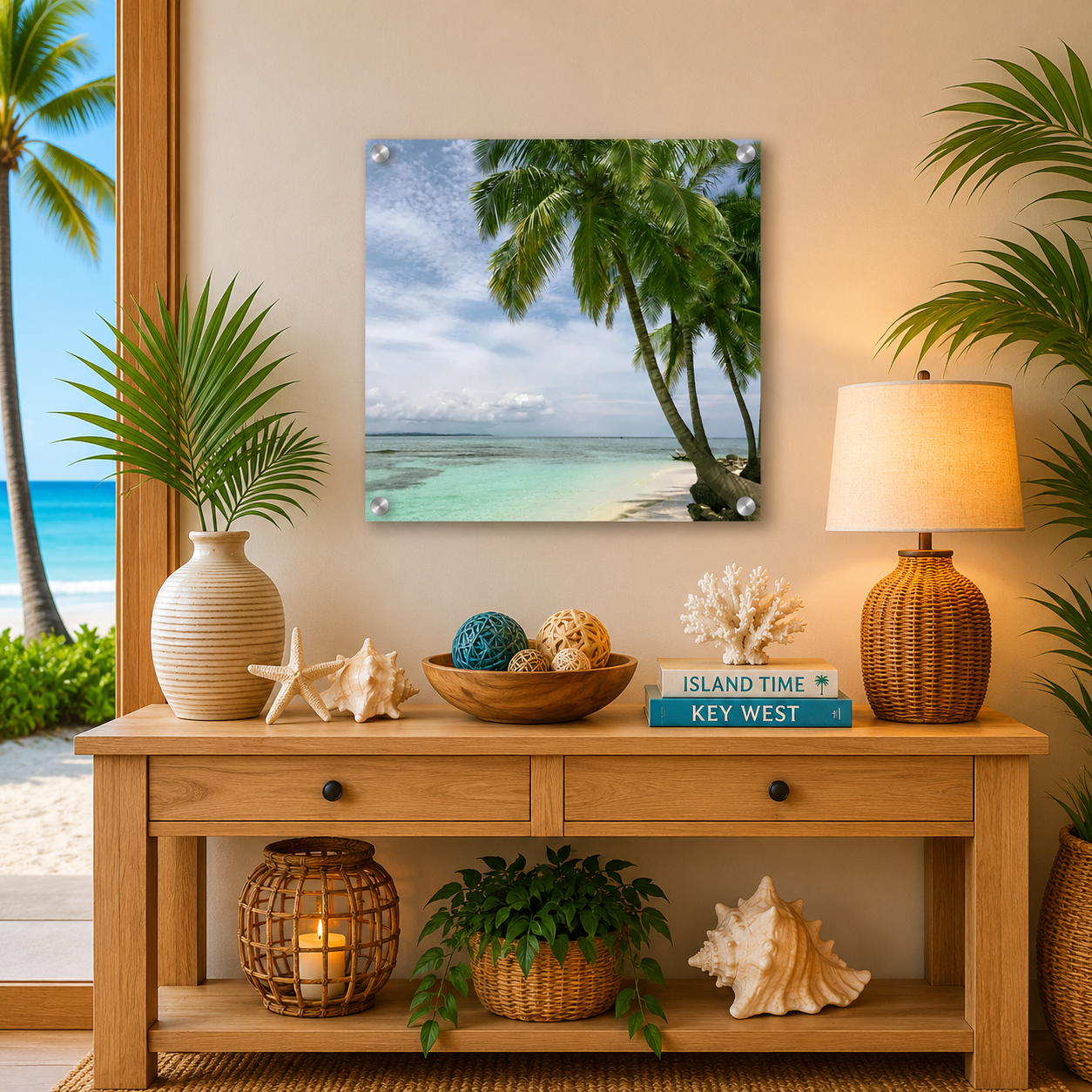 Decorative living room with a wooden console table, beach-themed decor, and a tropical scene painting.