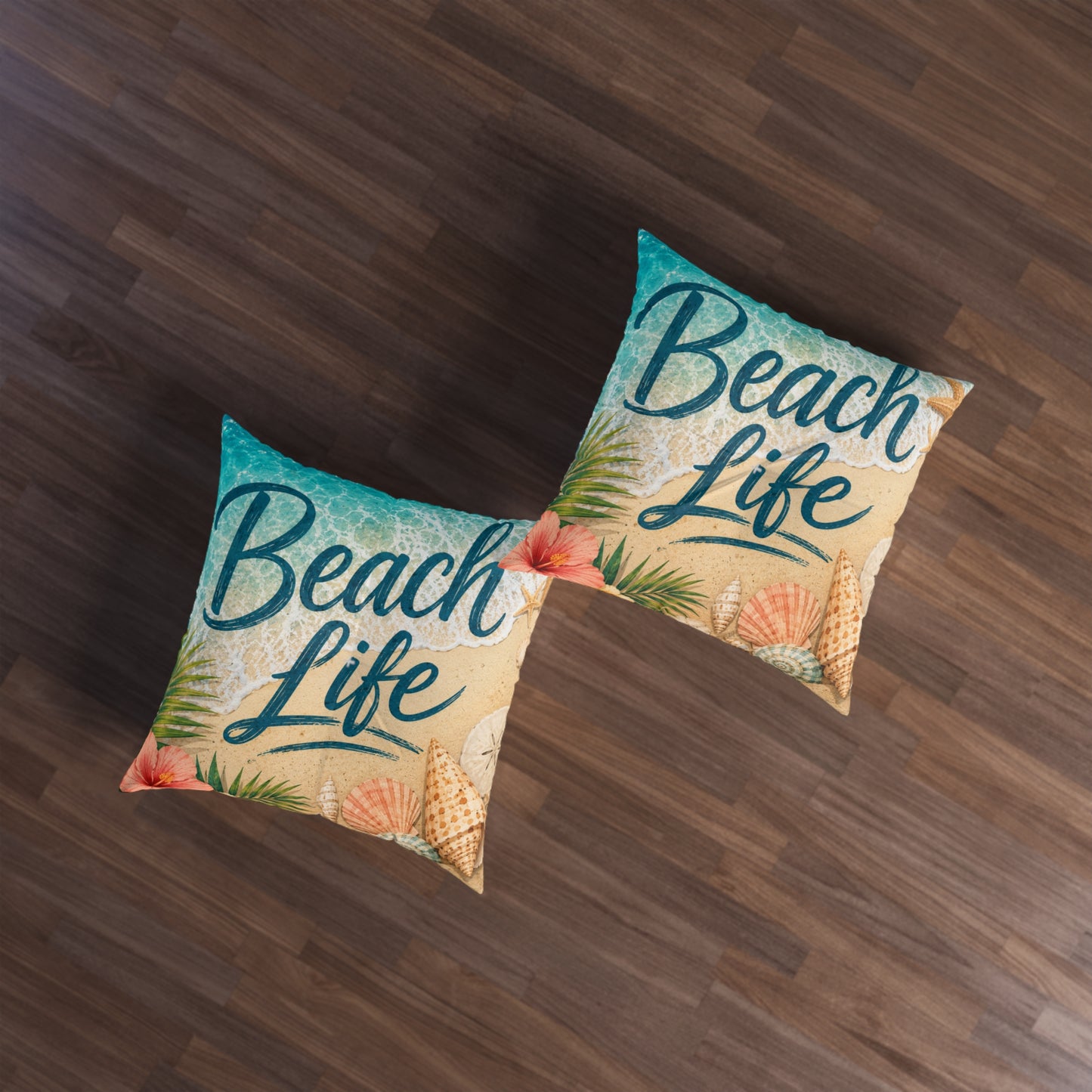 Square tufted floor pillow set, 'Beach Life' print in beige and teal.