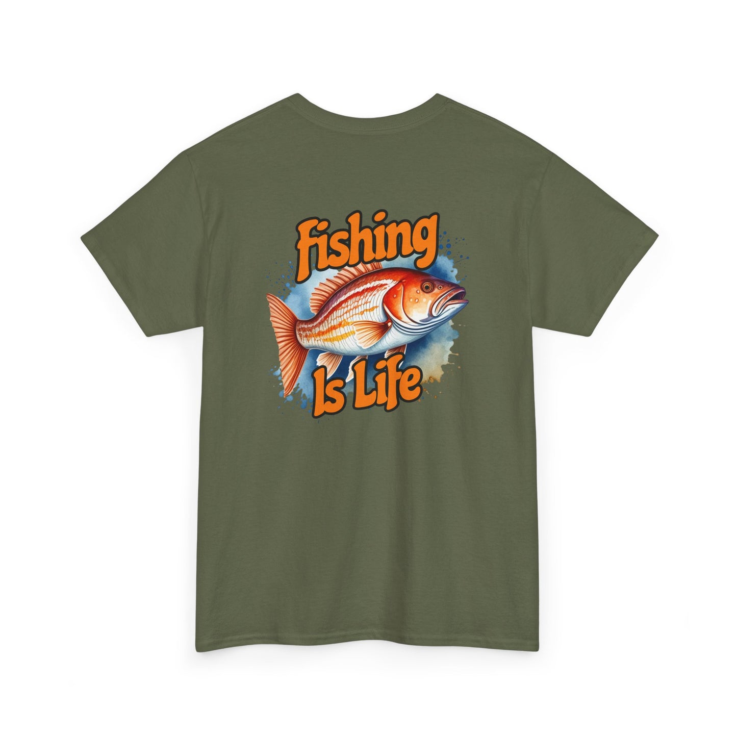Green t-shirt with 'Fishing is Life' graphic on a white background