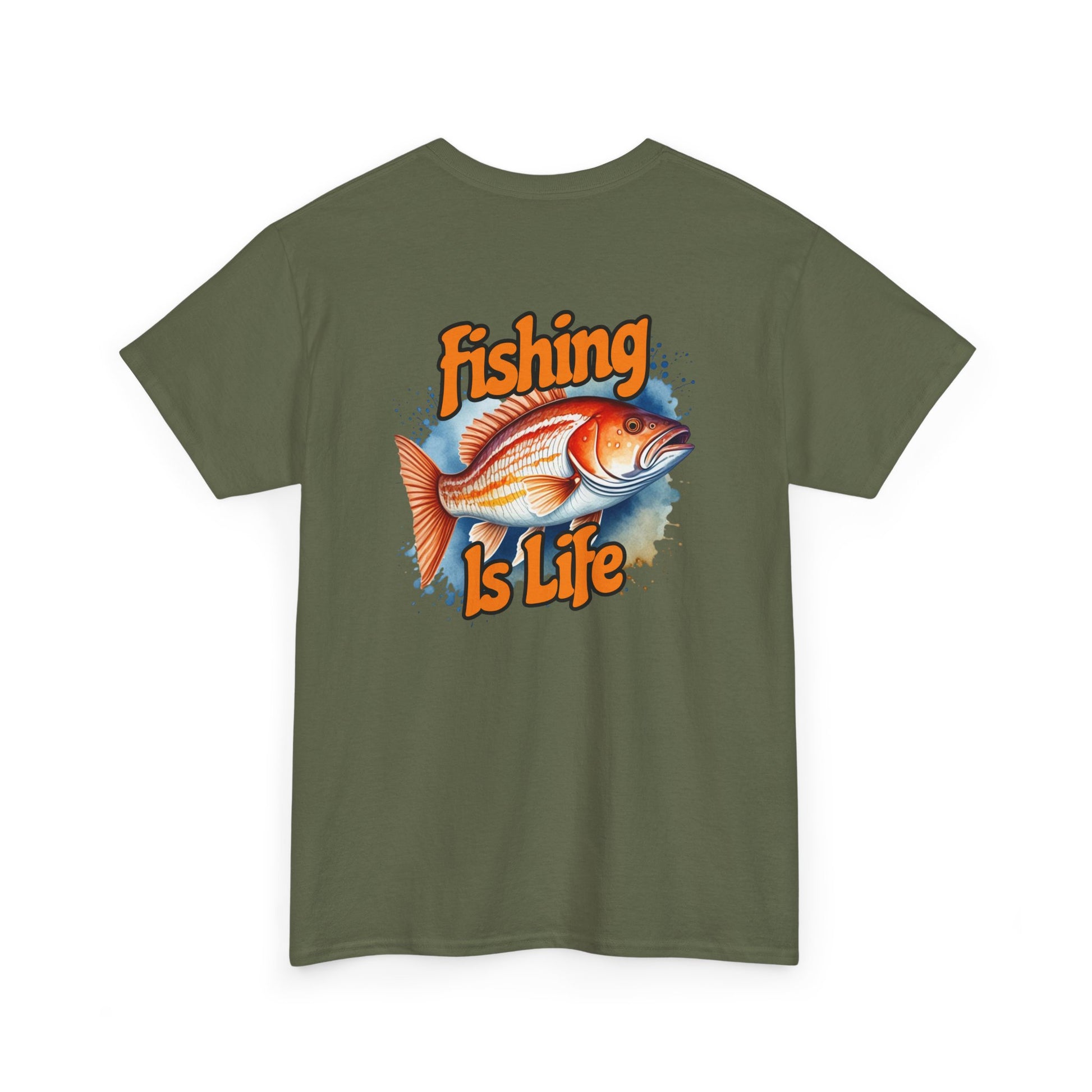 Green t-shirt with 'Fishing is Life' graphic on a white background
