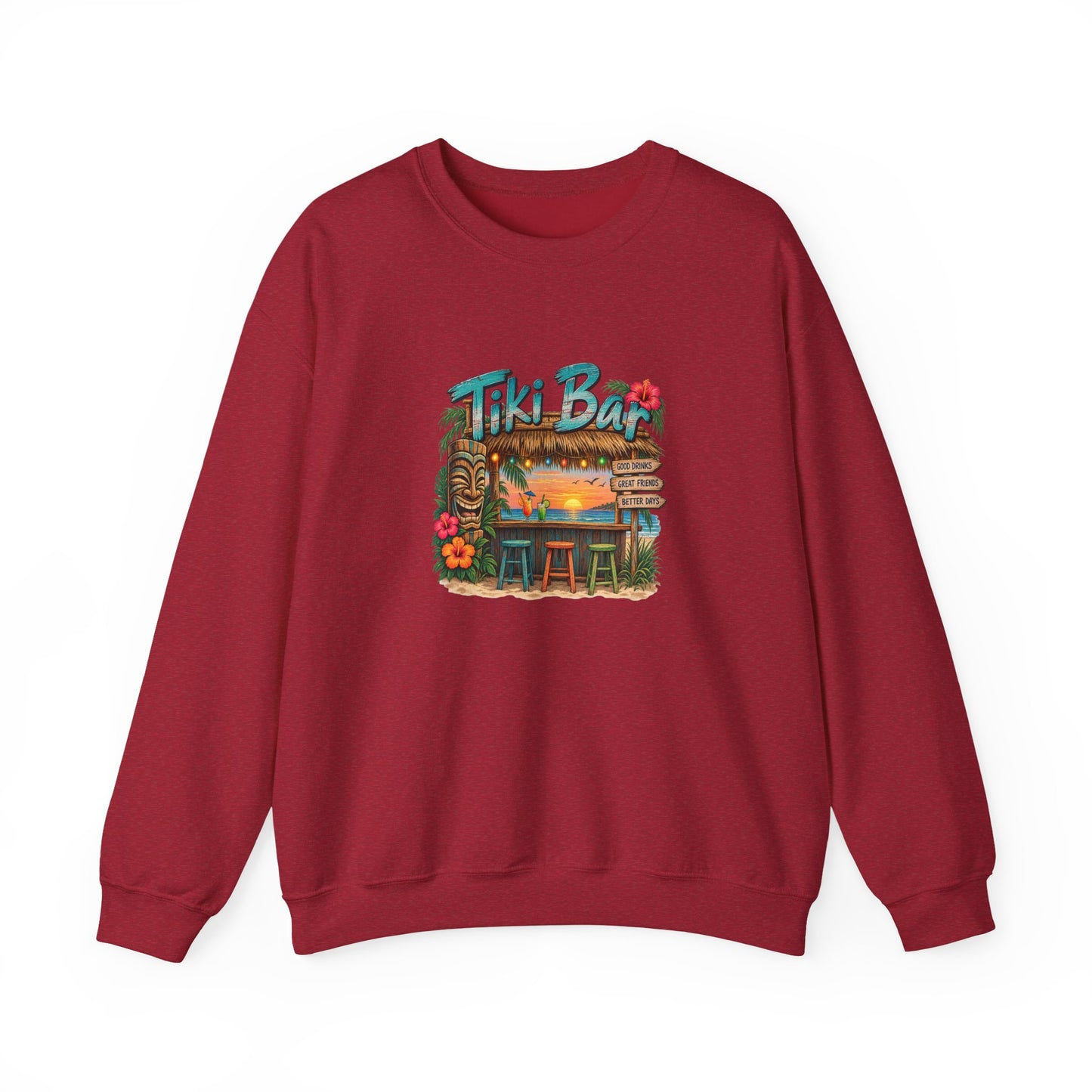 Tiki Bar Crewneck Sweatshirt — Retro Tropical Sunset Design