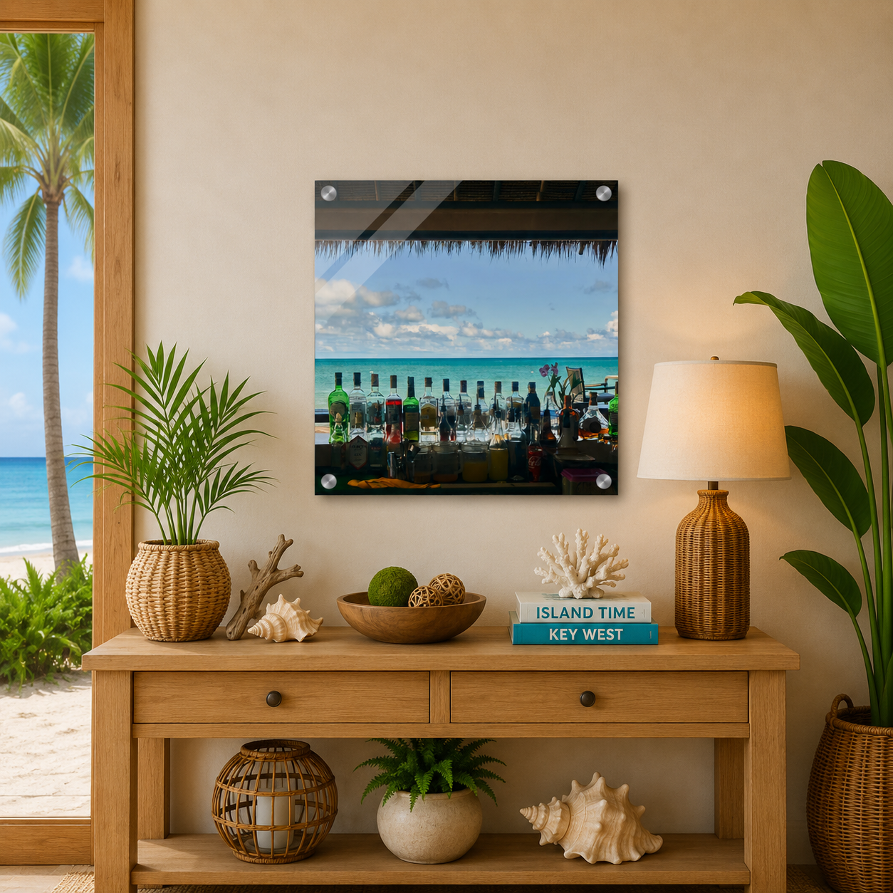 Decorative setup with a beach scene print, plants, and a lamp on a wooden console table.