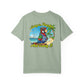 Light green t-shirt with a colorful parrot graphic and text on the back, on a white background.
