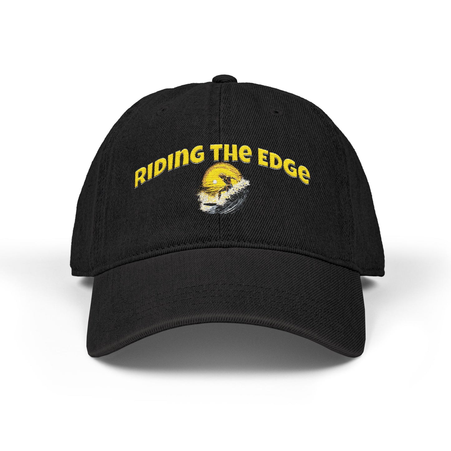 Black cap with 'Riding the Edge' text and logo on a white background