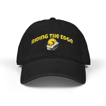 Black cap with 'Riding the Edge' text and logo on a white background
