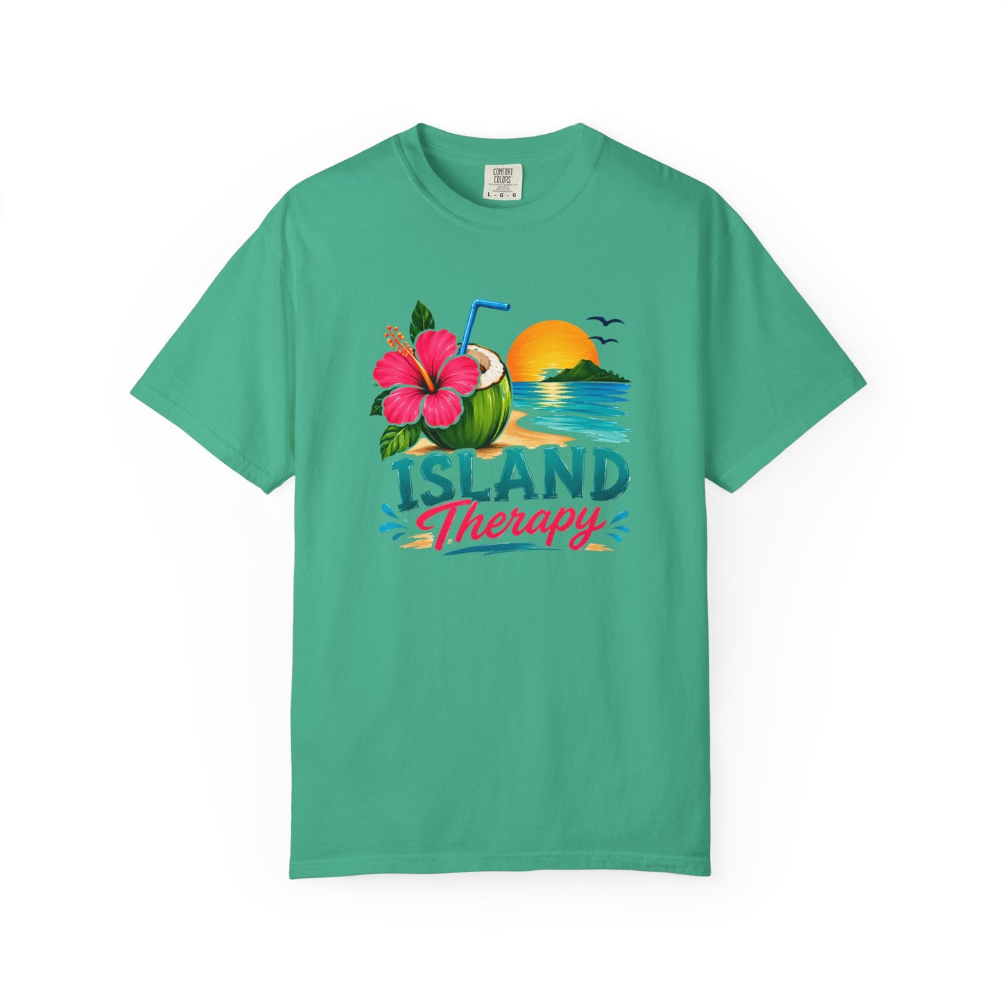 Island Therapy T‑Shirt — Tropical Sunset Coconut Drink Beach Tee