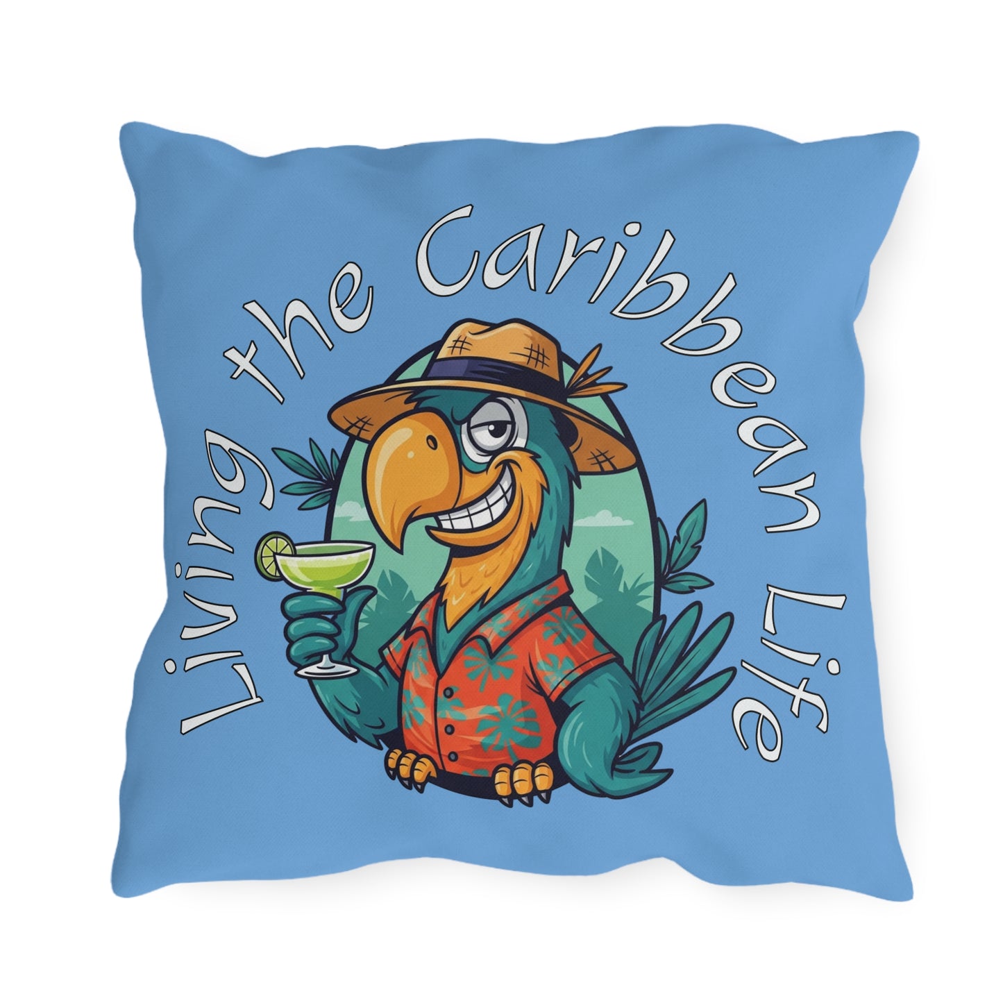 Pillow with a parrot design and 'Living the Caribbean Life' text on a blue background
