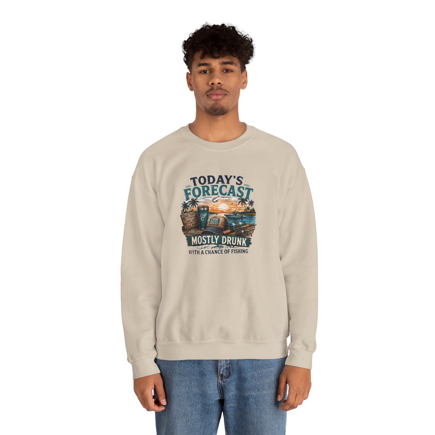 Crewneck Sweatshirt — "Today's Forecast: Mostly Drunk with a Chance of Fishing" Vintage Fishing Crewneck