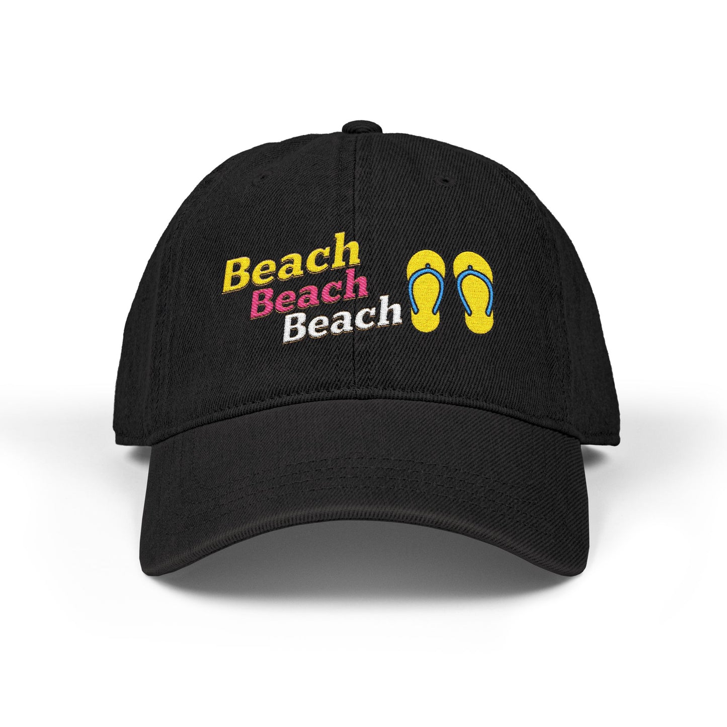 Black cap with 'Beach' text and flip-flop design on a white background