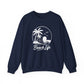 Navy sweatshirt with white text on a white background