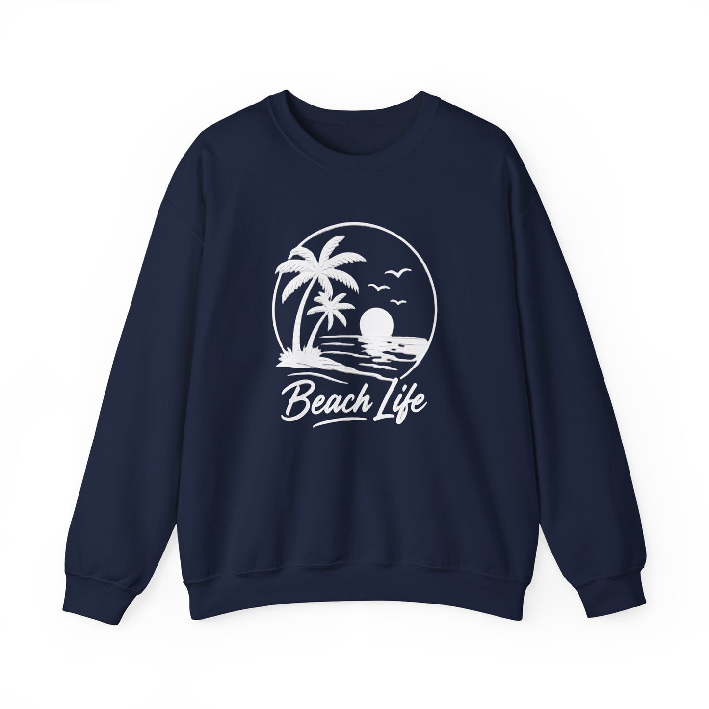 Navy sweatshirt with white text on a white background