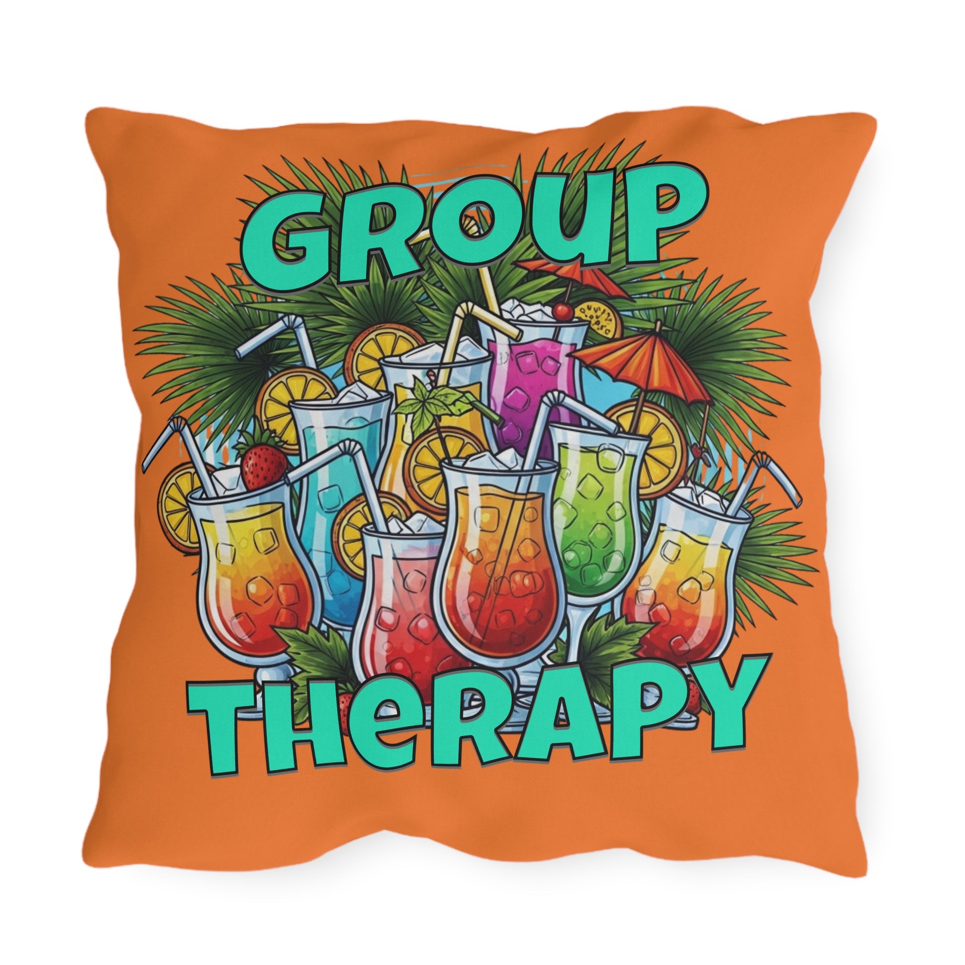 Pillow with colorful cocktails and 'Group Therapy' text on an orange background