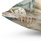 Side view of square polyester throw pillow with zipper, seashell and ocean beach design.
