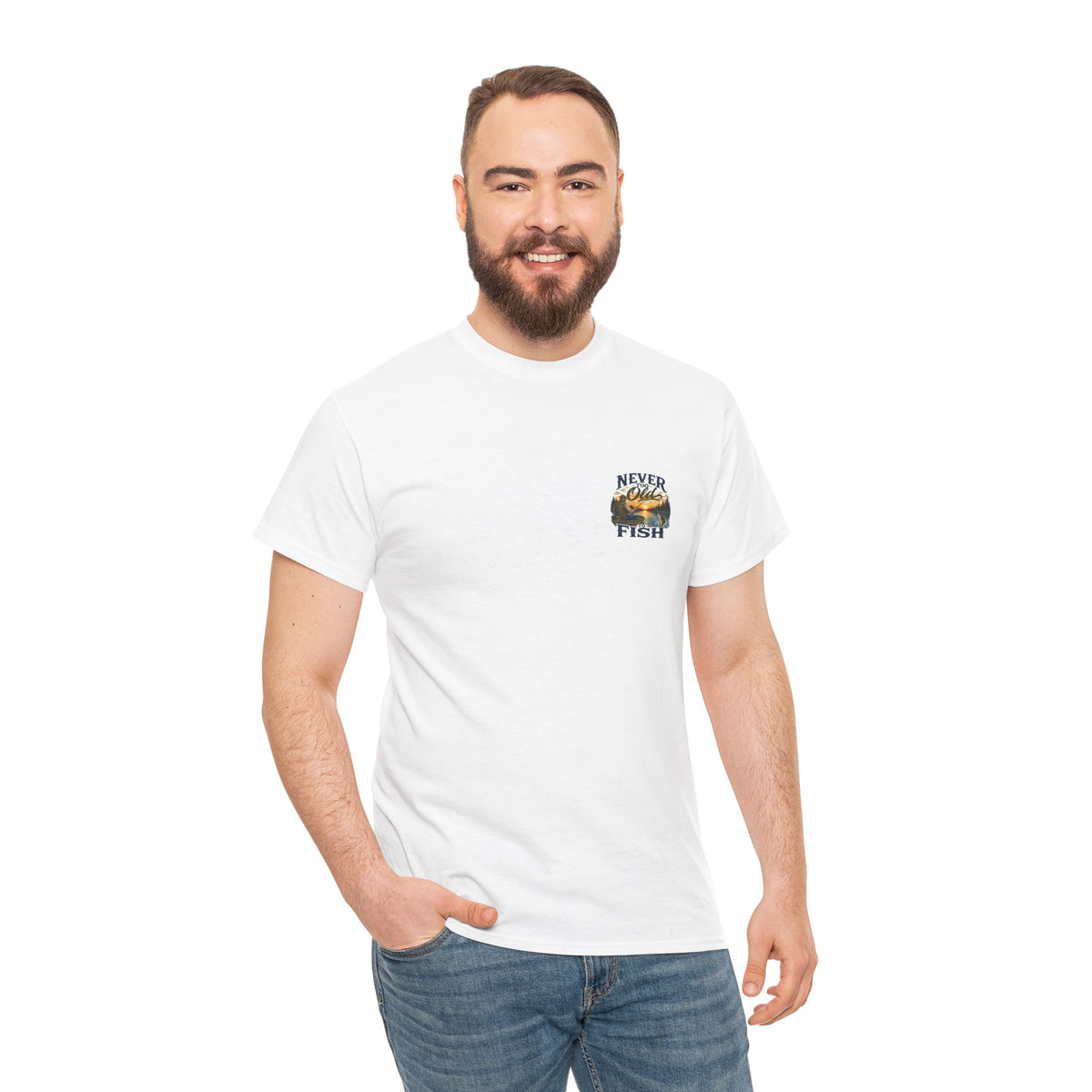T-Shirt — "Never Too Old to Fish" Fishing Tee (Sunset Lake Design)