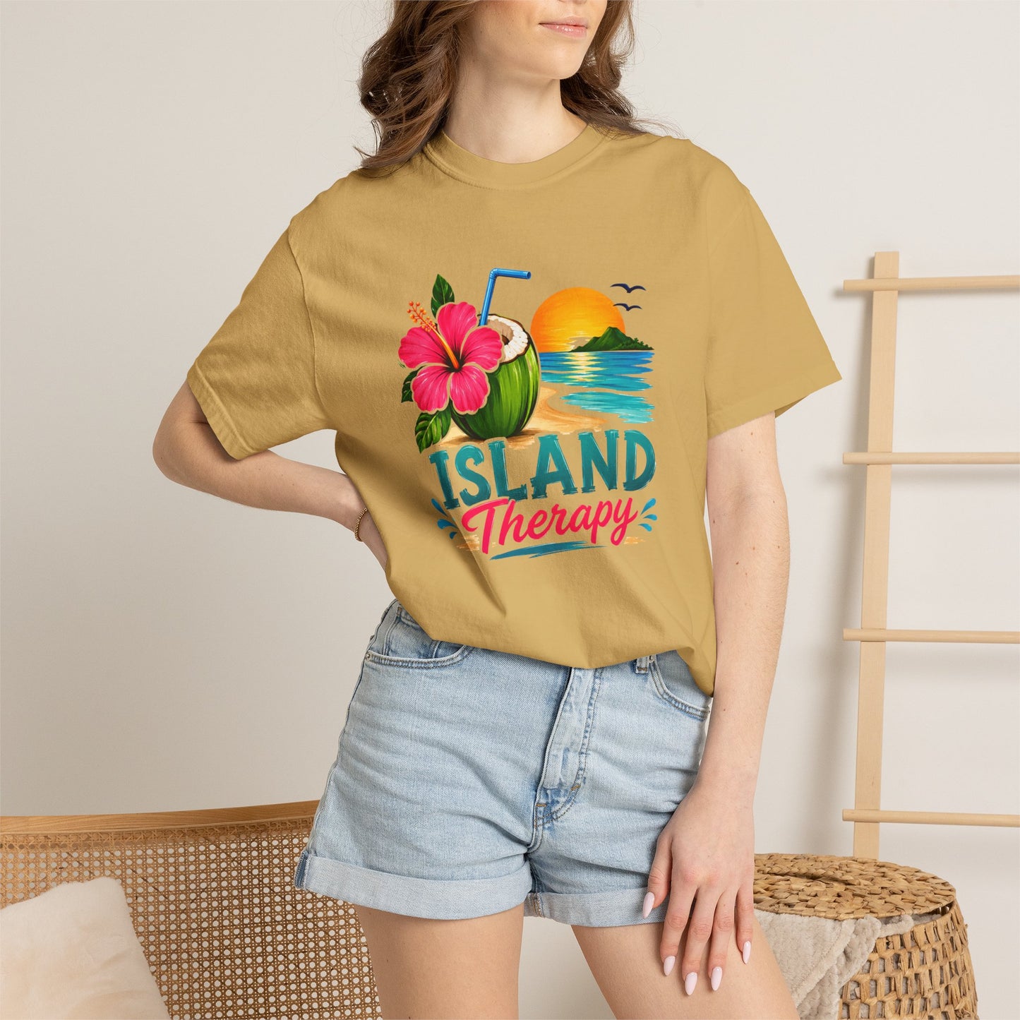Island Therapy T‑Shirt — Tropical Sunset Coconut Drink Beach Tee
