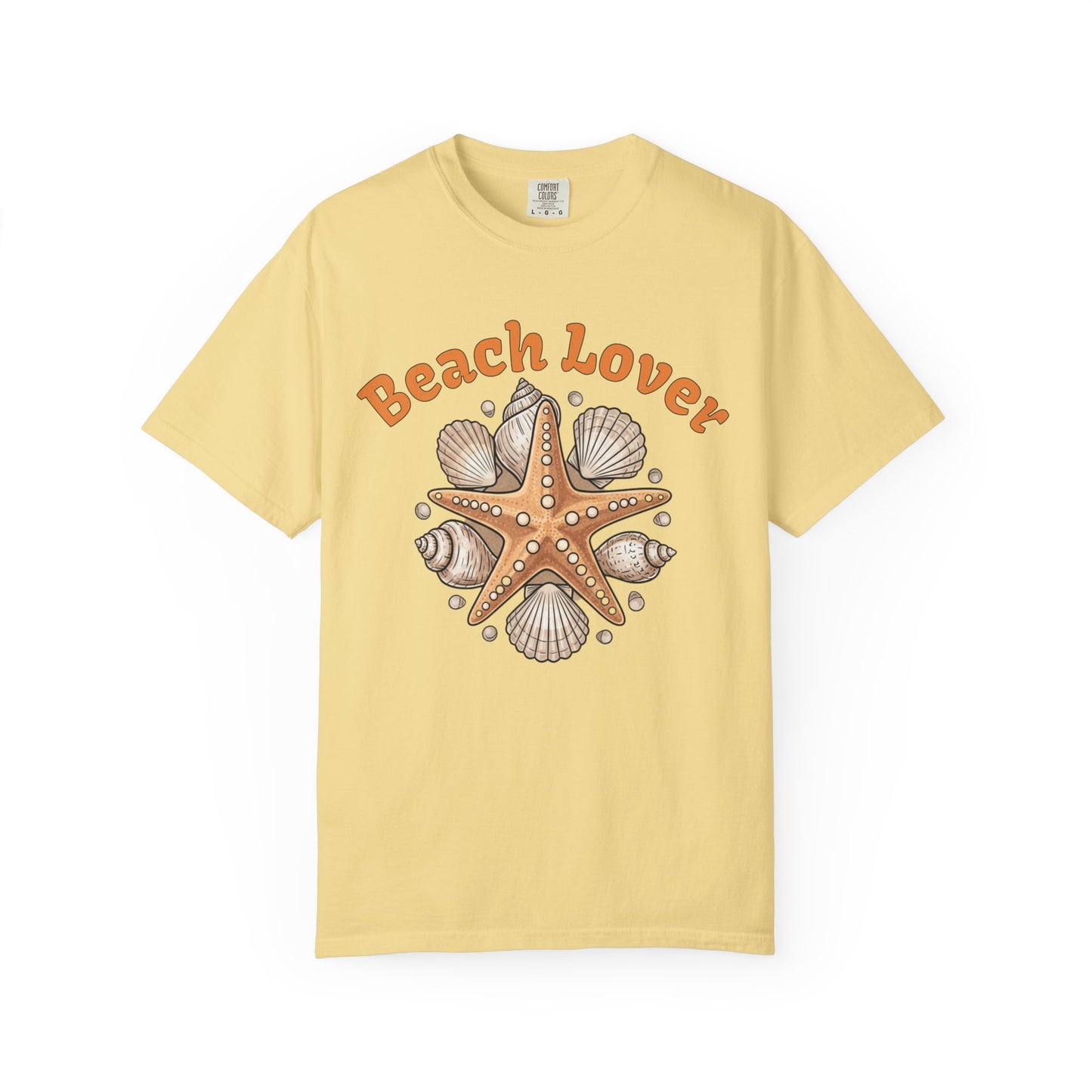 Yellow t-shirt with starfish and shell design and 'Beach Lover' text on a white background