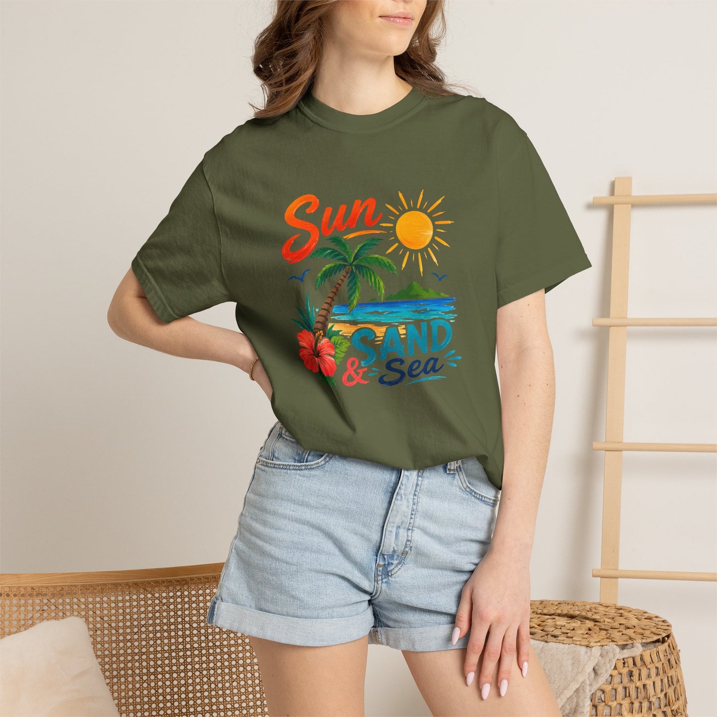 Sun, Sand & Sea T-Shirt – Tropical Beach Palm Tree Graphic Tee