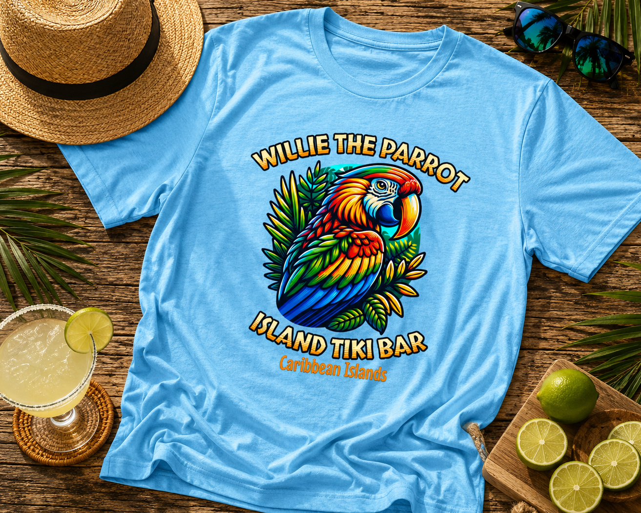 Blue t-shirt with a parrot graphic and text on a wooden surface with a hat, cocktail, and limes.