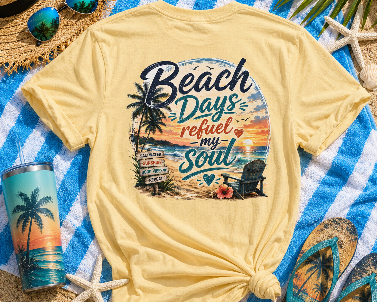 Yellow t-shirt with 'Beach Days refuel my Soul' design on a blue and white striped towel with beach accessories.