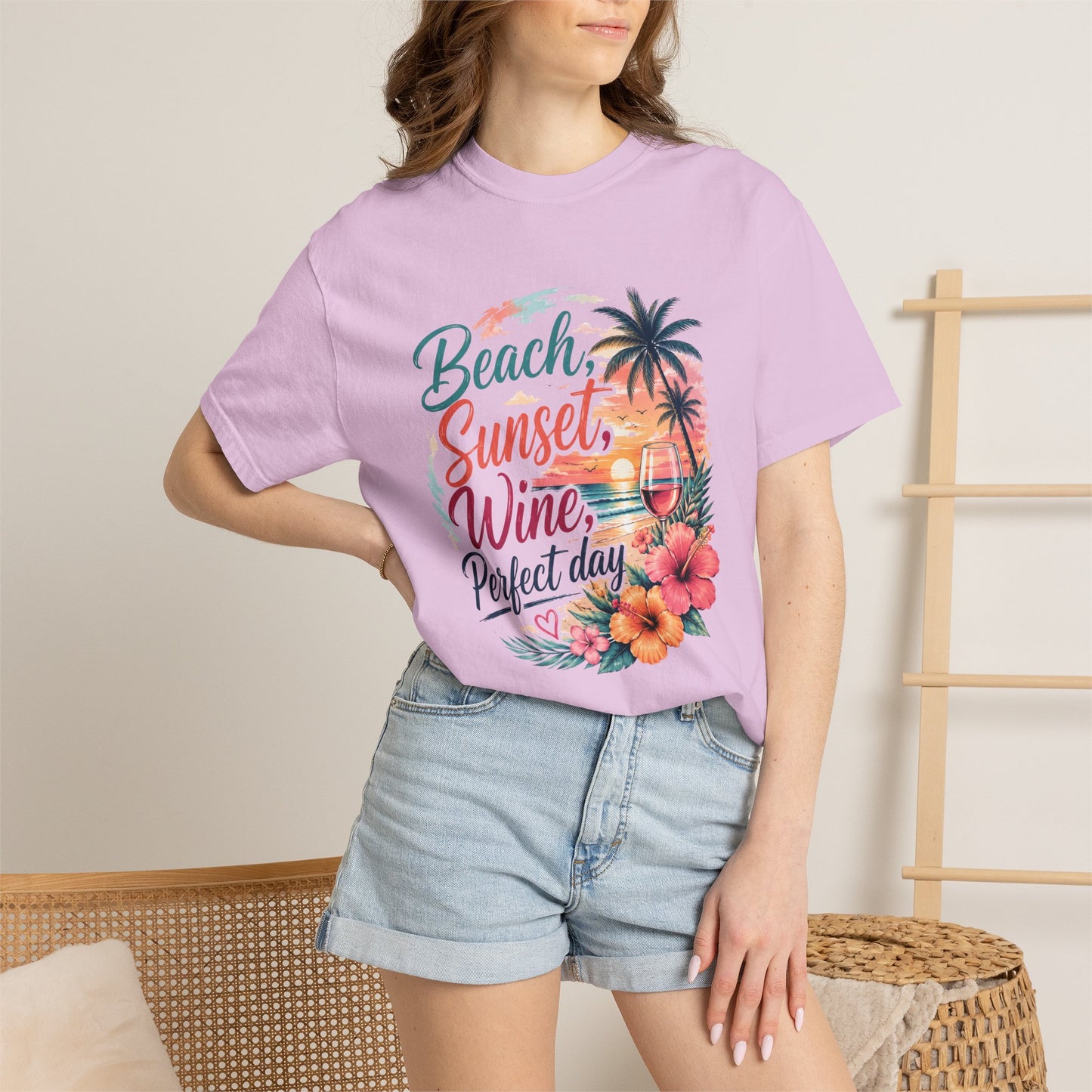 Beach Sunset Wine T-Shirt — "Beach, Sunset, Wine, Perfect Day" Tropical Graphic Tee