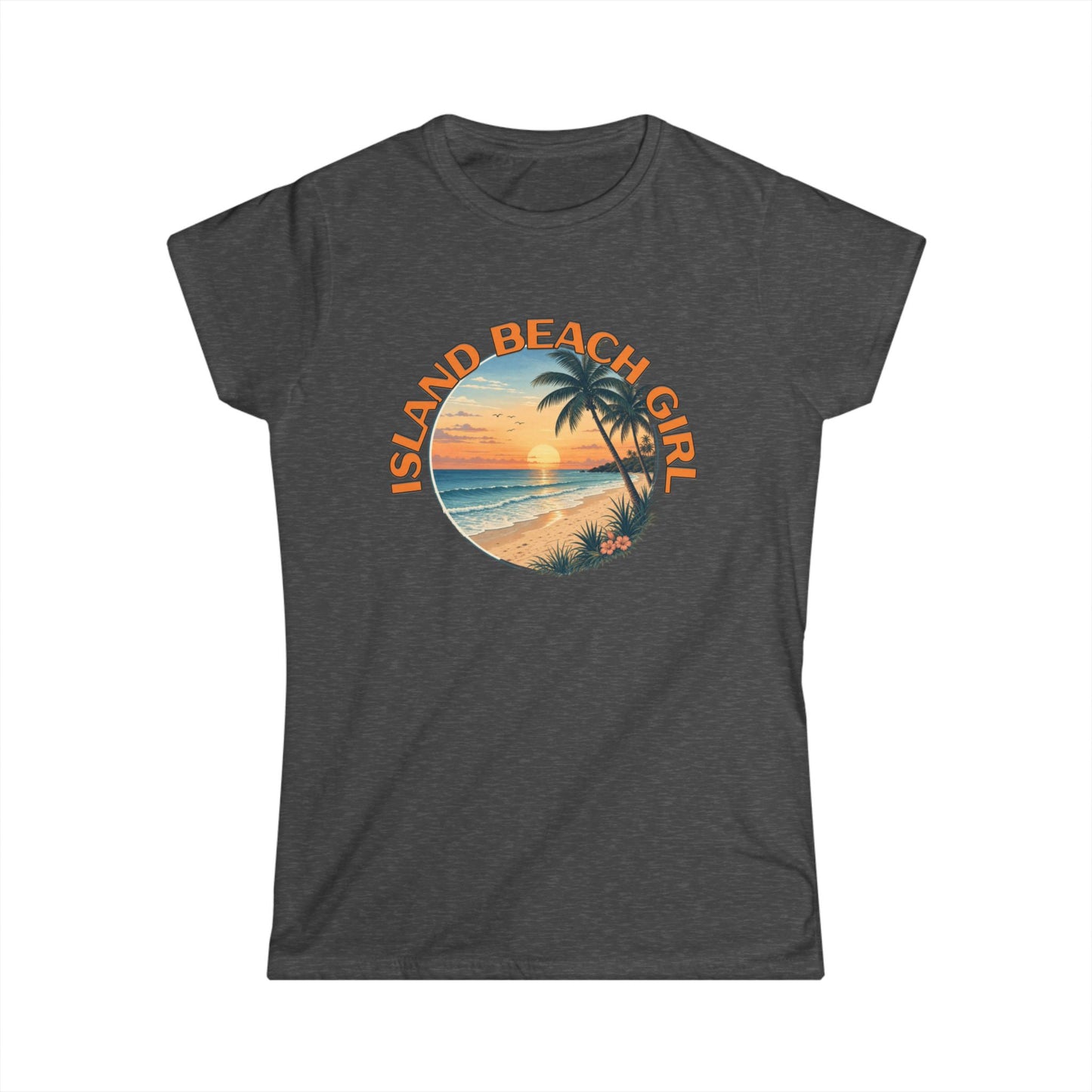 Dark gray t-shirt with 'Island Beach Girl' graphic design on a white background