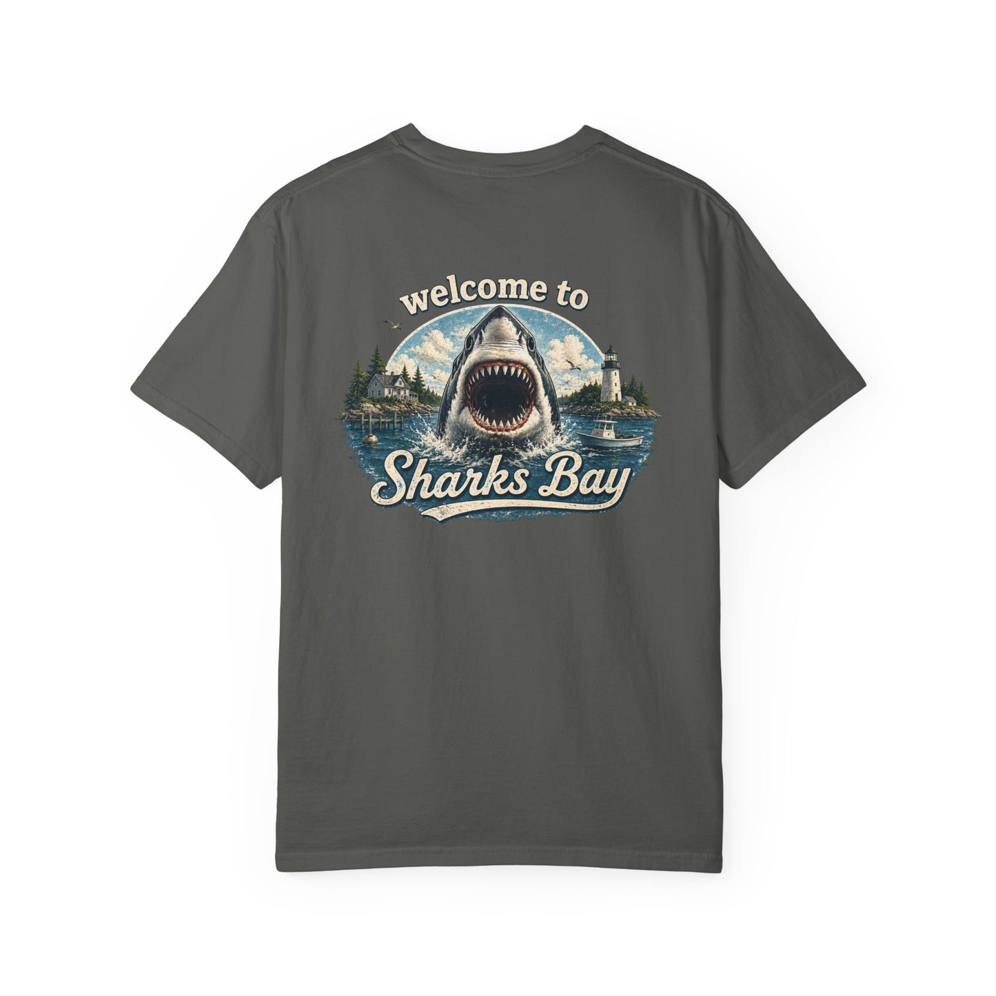Sharks Bay T-Shirt — "Welcome to Sharks Bay" Vintage Shark Graphic Tee