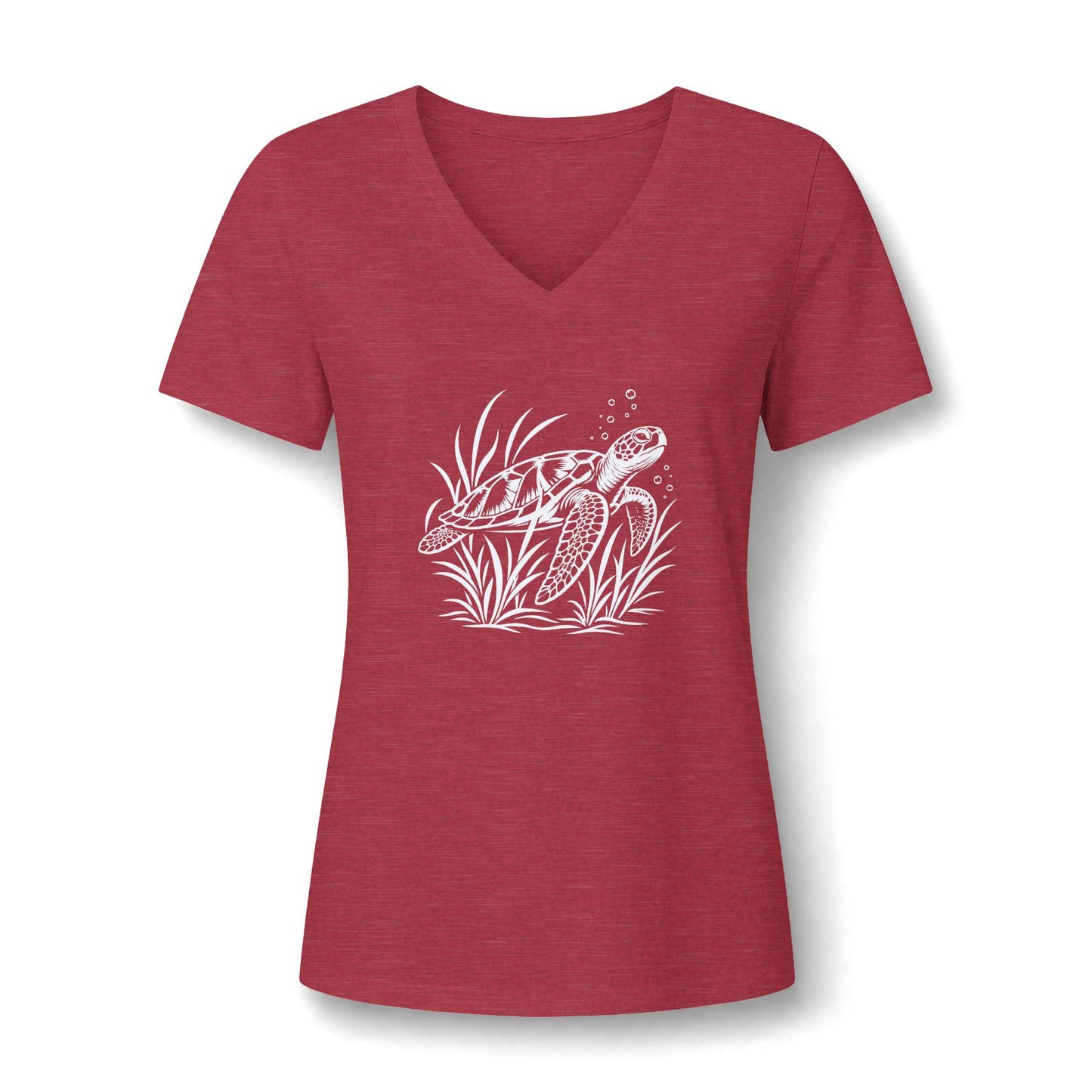 Sea Turtle V-Neck Tee — Women's Relaxed Heather Tee with White Sea Turtle Graphic