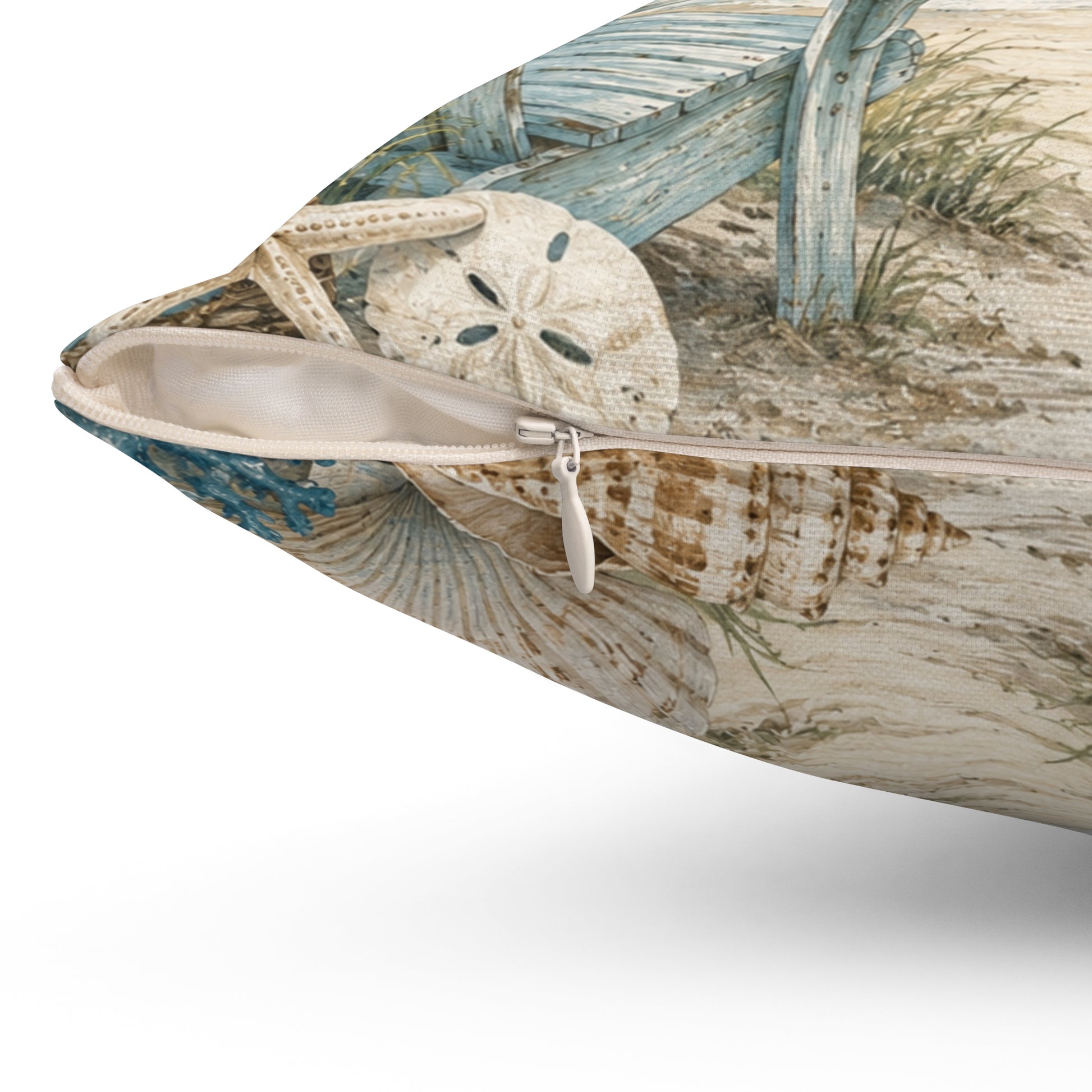 Square polyester pillow shown from the side with zipper closure and beach shell print.