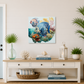 Nautical-themed decor in a room with a painting of dolphins, books, and plants.