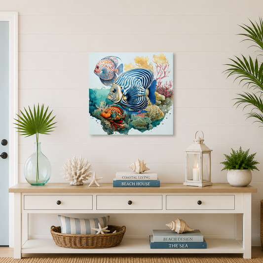 Nautical-themed decor in a room with a painting of dolphins, books, and plants.