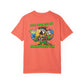 Coral t-shirt with a parrot graphic and text on a white background