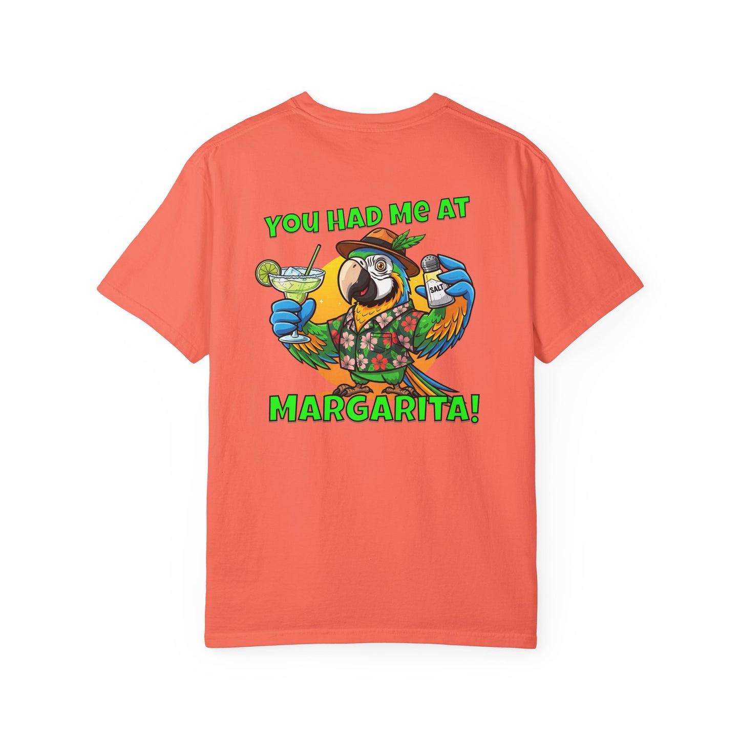 Coral t-shirt with a parrot graphic and text on a white background