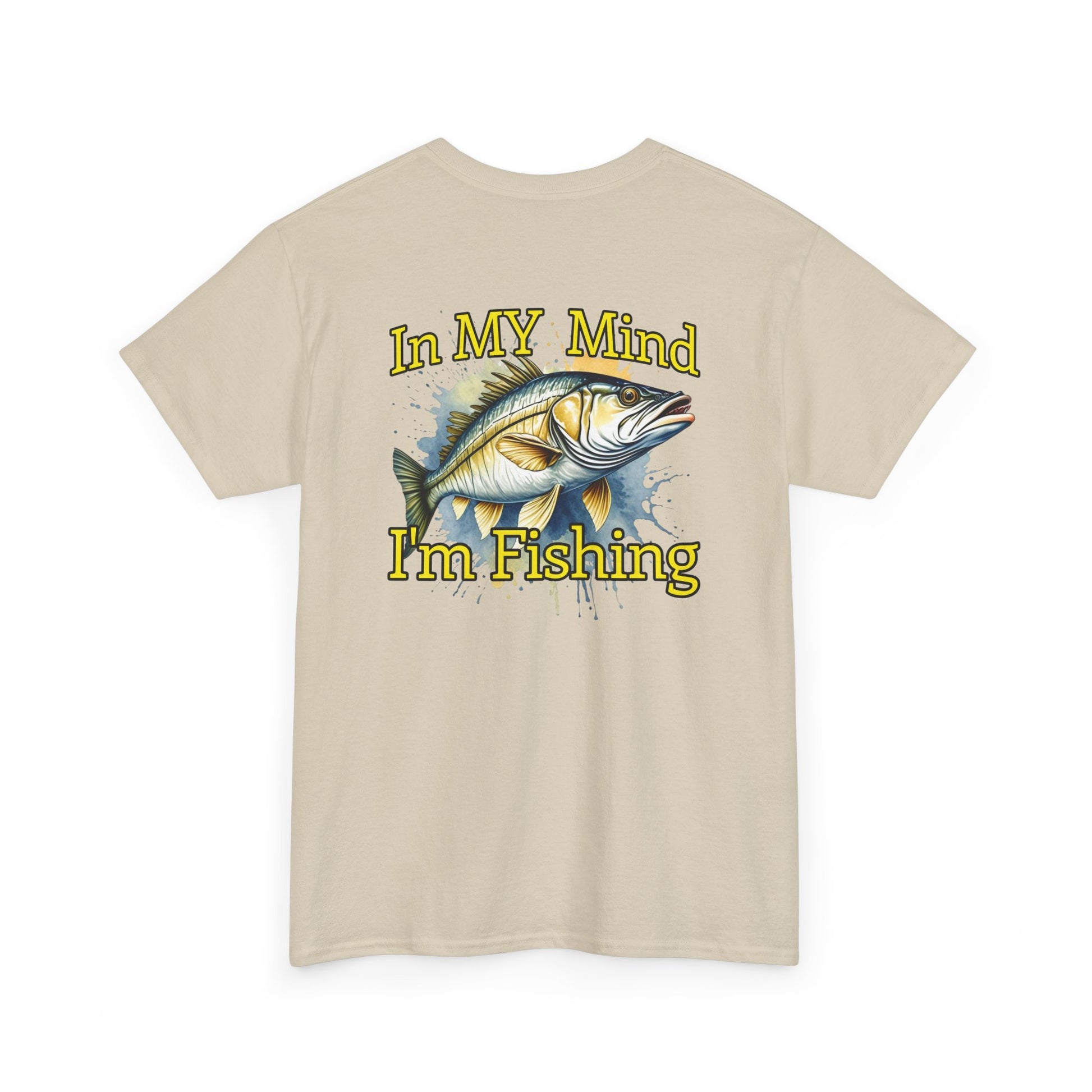Beige t-shirt with a fish graphic and text 'In MY Mind I'm Fishing' on a white background