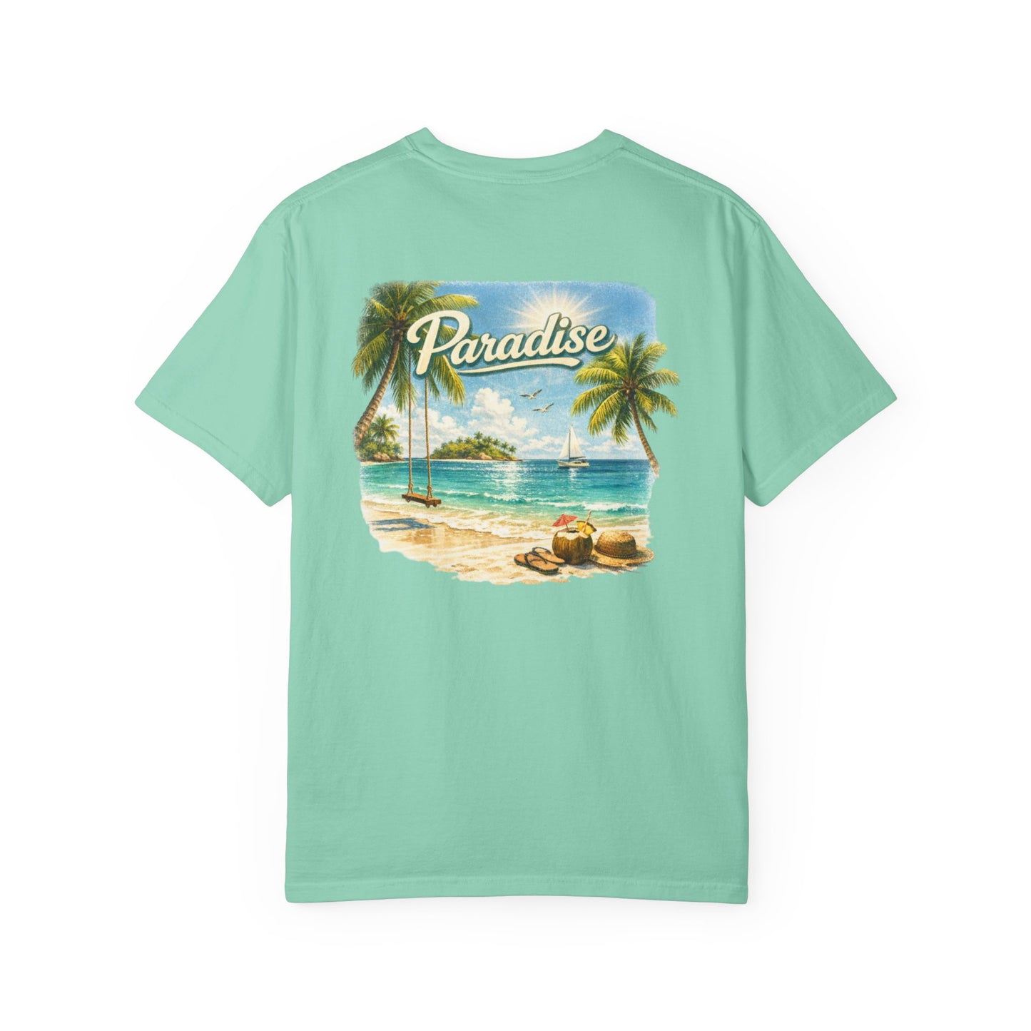 Mint green t-shirt with a beach graphic and 'Paradise' text on a white background
