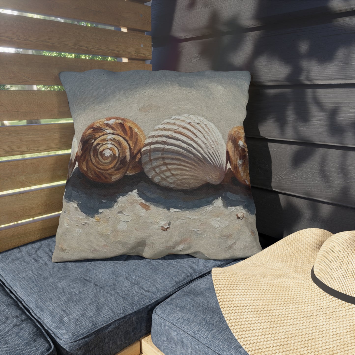 Decorative pillow with shell design on a wooden bench