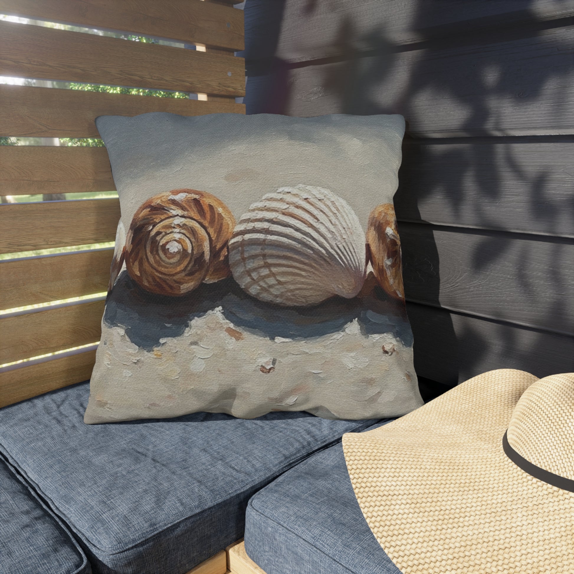 Decorative pillow with shell design on a wooden bench