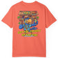 Coral t-shirt with a colorful tiki bar graphic and text on a white background