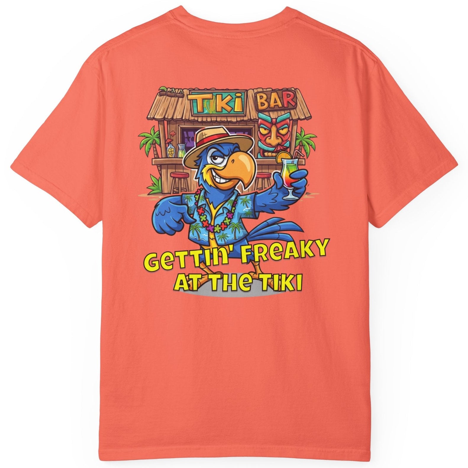 Coral t-shirt with a colorful tiki bar graphic and text on a white background