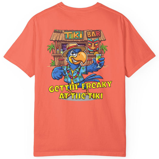 Coral t-shirt with a colorful tiki bar graphic and text on a white background