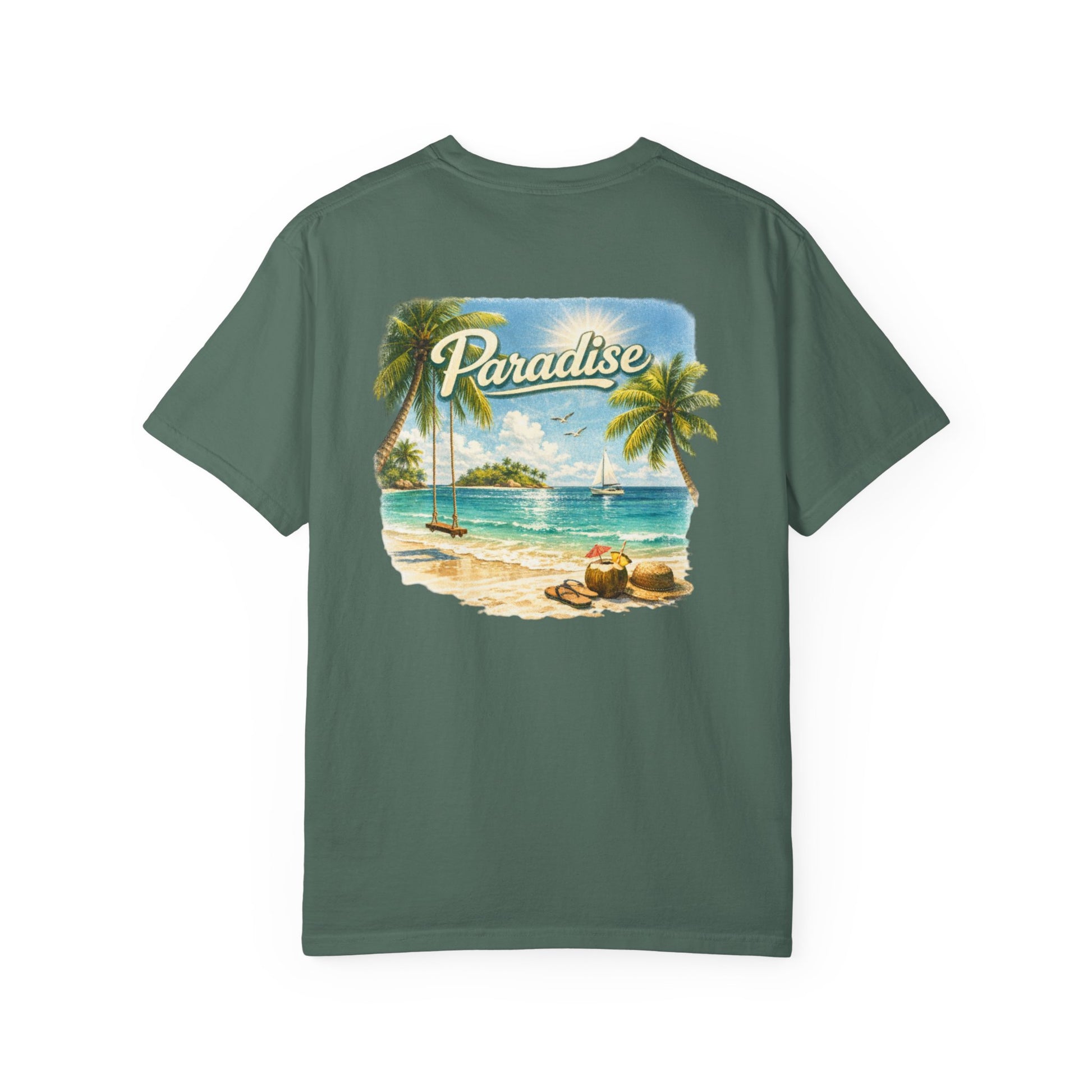 Green t-shirt with a tropical beach graphic and 'Paradise' text on a white background