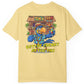 Yellow t-shirt with a colorful graphic of a parrot and tiki bar on the back, on a white background.